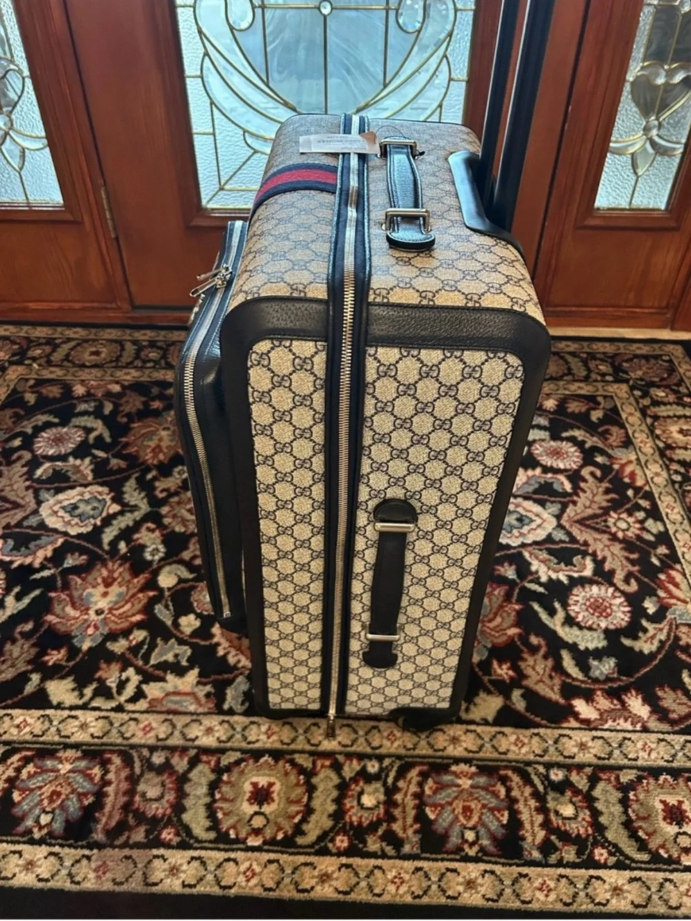 Gucci Savoy, GG Supreme suitcase, iconic blue/red web stripe made in Italy
